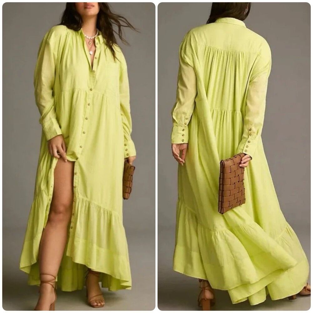 Pilcro Anthropologie Tiered V-Neck Shirt Maxi Dress in Lime Womens M Flowy Boho